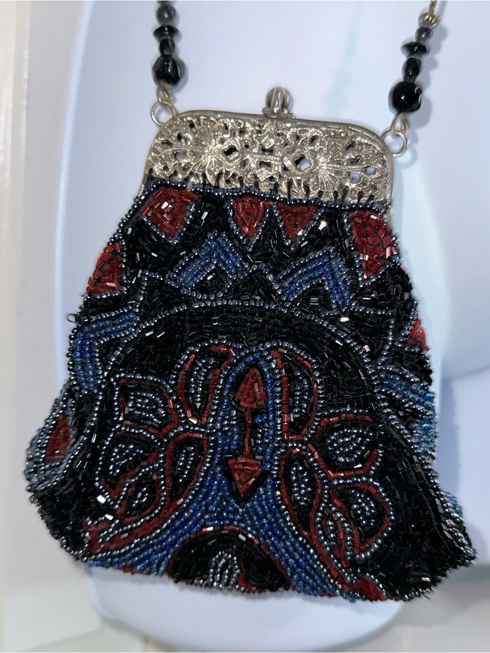 Authentic Christiana Beaded Evening Crossbody Bag in Black, Red & Blue